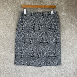 Talbots Skirt Womens 8 Black White Paisley Cotton Blend Pencil Knee Length-1393*